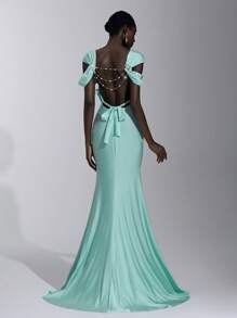 Elitara Elegant, Romantic, Luxurious, Dignified, Knitted Elastic Fabric, Strapless, Waisted, Hollow-Out, Pleated, Metal Chain, Trailing, Fish Tail Hem, Adjustable Back Strap, Suitable For Birthday Party, Date, Wedding, Formal Gala, Formal Evening Dress, Gown, For Wedding Guest