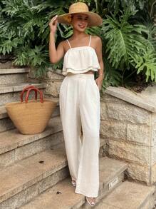 Livesso 2pcs/Set Women Beach Vacation Ruffled Strap Loose Leg Pants Suit - Apricot - View 3