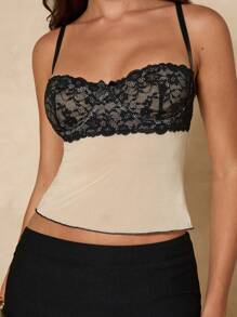 SHEIN BAE Women's Lace & Mesh Splice Sexy & Elegant Bralette - Apricot - View 4