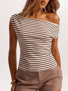 SHEIN BAE Spring, Autumn And Summer Crochet Brown Striped Off-Shoulder Irregular Top T-Shirt Is Suitable For Daily Leisure, Going Out, Going Out With Girlfriends, Afternoon Tea, Commuting Leisure, Beach Vacation, And All-Match Occasions