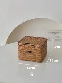 Cirelle 1pc Japanese Style Desktop Storage Box Hand-Woven Coffee Table Snack Sundries Storage Basket Straw Woven Lid Storage Basket, Rama Comfort Home, Back To School Use, Dorm Essentials, Summer Home Decor - Yellow - View 4