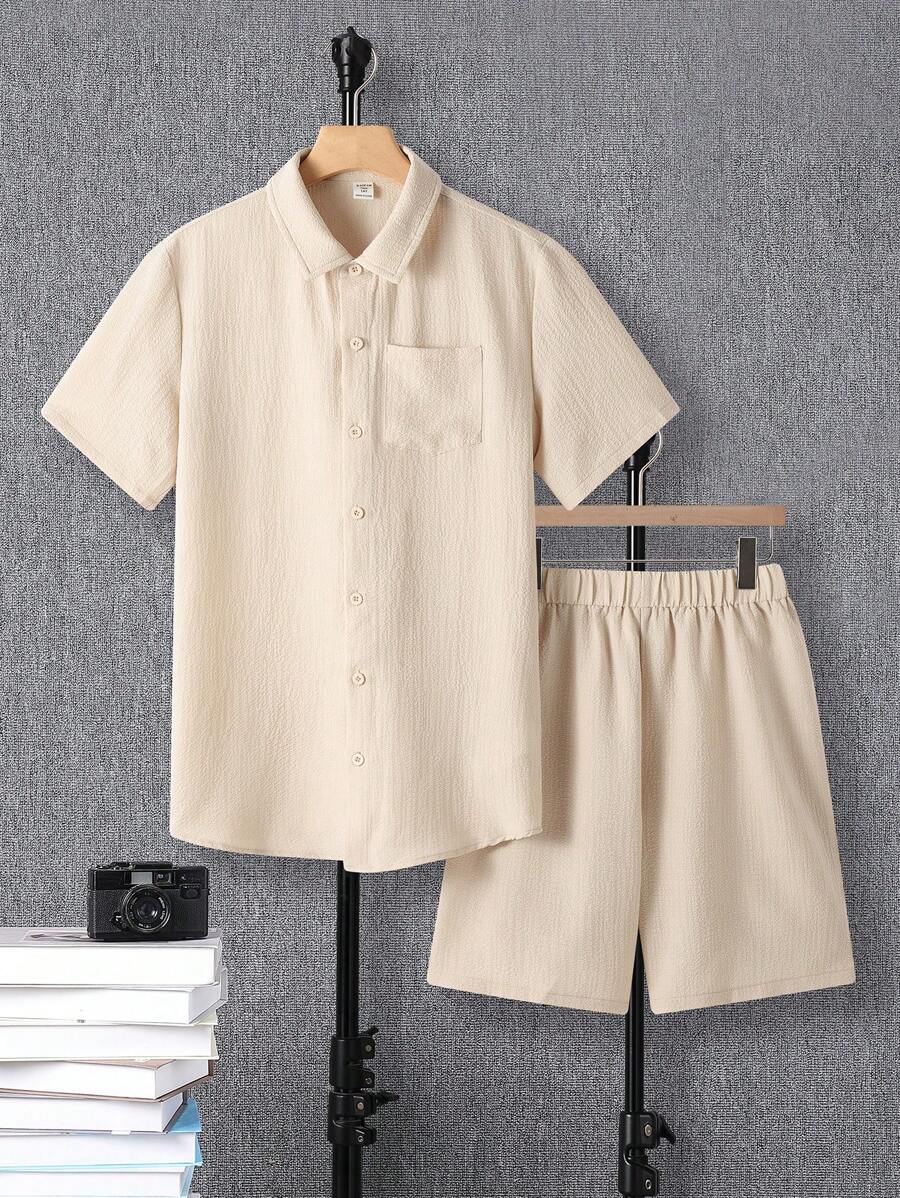 SHEIN 2 件套青少年男童休闲舒适纹理针织短袖衬衫和短裤套装，春季服装 - 卡其色 - 查看 1