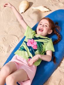 Shark Week X SHEIN Young Girl Shark And Letter Graphic Round Neck Short Sleeve T-Shirt - Green - View 5