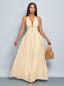 SOLERSUN 女士纯色露背 V 领度假海滩十字结露背长裙度假海滩装 - 杏色 - 查看 3