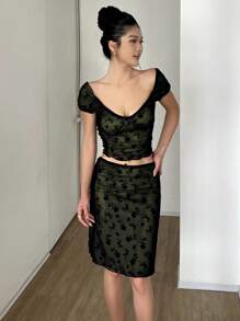 DAZY Set de 2 piezas - Conjunto de top corto y falda mini de encaje calado de colores contrastantes, verano negro para mujer - Negro - Ver 3