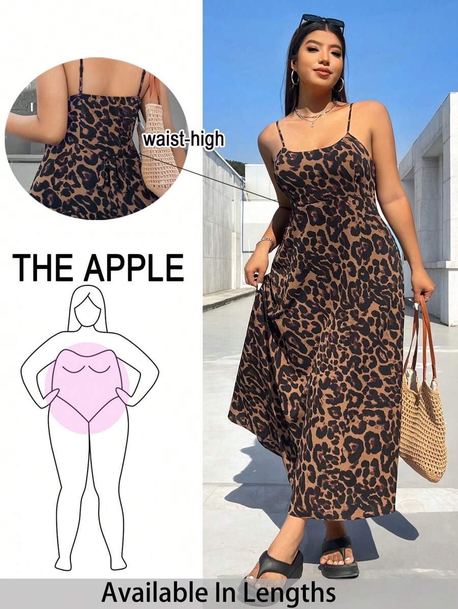 SHEIN PETITE CURVE 加大码豹纹细肩带露背连衣裙，配有可调节腰带和隐形拉链，适合春夏季