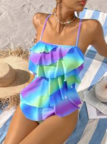 Swim Vcay Women's Romantic Gradient Rainbow Ruffled One-Piece For Summer Beach Vacation - Baby Blue - View 5