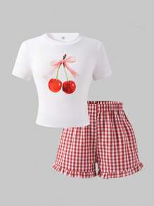 SHEIN ChillGRL Youth Tween Girl 2 Pieces Outfit: Bow Decor Cherry Print Slim Fit Short Sleeve Top And Plaid Shorts, Casual Daily & Party Wear, Summer, School, Campus, College - Multicolor - View 1