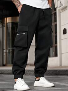 Manfinity Homme Calça cargo casual masculina plus size, cor sólida, com zíper e aba, bolso - Preto - Ver 7