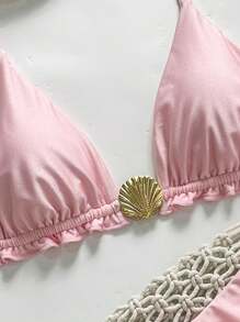 Swim Mod Bộ bikini màu hồng đơn giản dây mảnh họa tiết vỏ sò kim loại trang trí mùa xuân cho nữ, mùa hè - Hồng - Xem 5