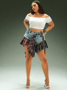 Denimoi Plus Size Plaid Flare Frayed Hem Denim Skort