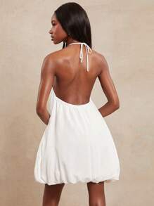 NYA SZN 连衣裙交叉吊带领口迷你泡泡裙花卉印花提花花朵细节早午餐新娘婚礼特殊场合太阳裙夏季春季服装女士 - 白色 - 查看 2