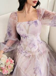 Modelyn 女士花卉印花方领灯笼袖优雅中长连衣裙 - 粉色 - 查看 3