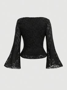SHEIN MOD Plus Size Women Black Black Ruffle Collar Flare Long Sleeve T-Shirt Top Fall - Black - View 2