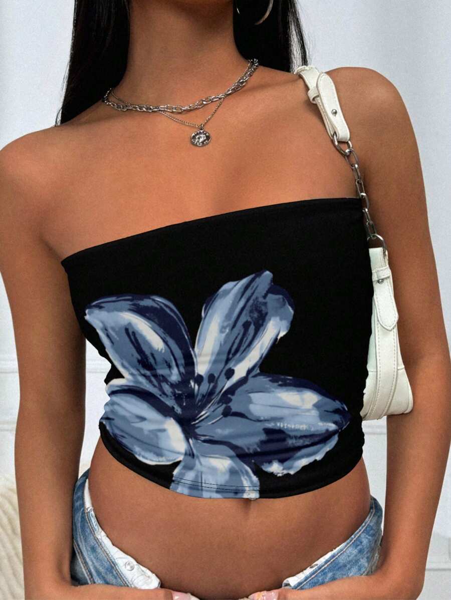 INAWLY Áo ba lỗ bó sát, họa tiết hoa giản dị dành cho nữ, thích hợp cho mùa hè, áo ống - Nhiều màu - Xem 1