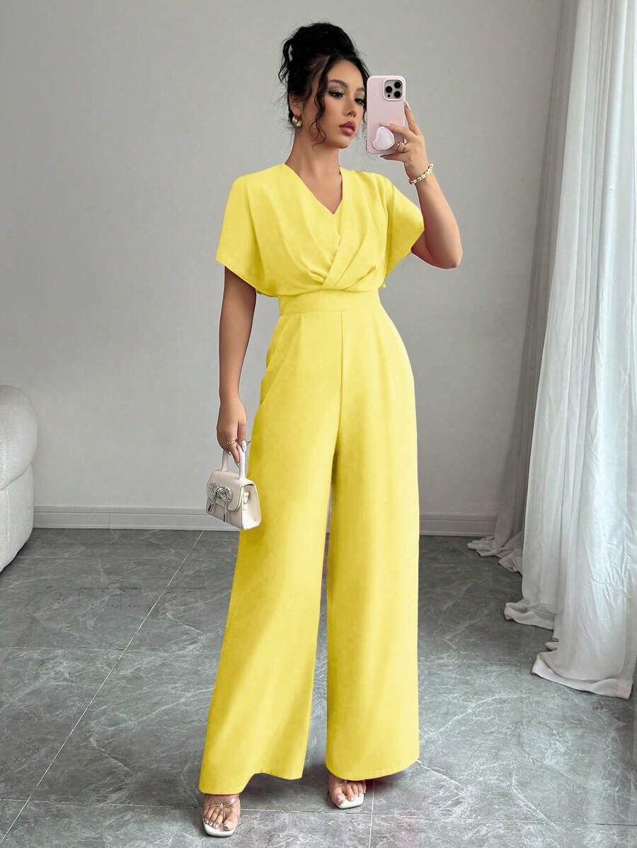 Elenzga Women's Solid Color Waistline Design Elegant Everyday & Holiday Jumpsuit - Yellow - View 1