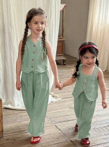 LMoss Kids 2pcs Baby Girl Set: Woven Solid Square Collar Top And Loose Casual Pants - Green - View 8