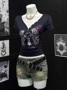 EgrlEra 女士透明印花V领半拉链短袖T恤 - 彩色 - 查看 3