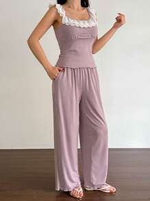 DAZY 浪漫荷叶边领无袖修身上衣搭配直筒睡裤，女士睡衣套装 - 淡紫色 - 查看 6