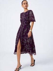 Aveloria Modichic Vestido de manga abullonada de estilo retro, cuello redondo, abotonadura sencilla, estampado de gasa - Morado - Ver 1