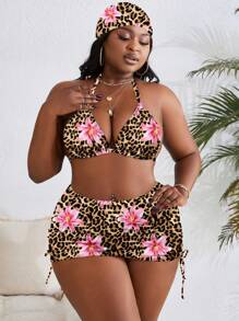 Slaydiva Bộ đồ bơi hở lưng in họa tiết ngẫu nhiên cỡ lớn 4 món/bộ - Nhiều màu - Xem 1