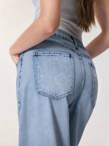 SHEIN Essnce 女士休闲牛仔裤，极简主义日常穿着，宽松女士牛仔裤 - 淺色水洗藍 - 查看 3