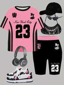 SHEIN Leap Crew 2pcs Girls Casual Minimalist Short Sleeve Top And Shorts Set, Suitable For Summer - Multicolor - View 3