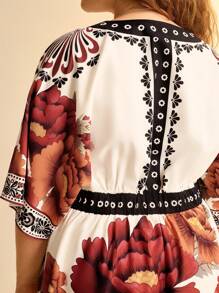 CAJUNI Plus Size Women Boho Tropical Floral Print Casual Deep V-Neck Loose Short Dress - Multicolor - View 5