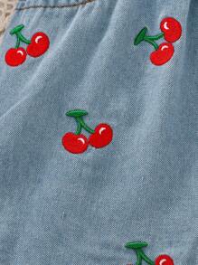 2pcs/Set Girls Fashionable Cherry Print Flounce Sleeve Top & Elastic Waist Embroidered Denim Shorts Set, Spring/Summer - Multicolor - View 7