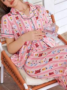Romantic Bear & Floral Print Ruffle Collar Cardigan Plus Size Pajama Set, Casual Lounge Outfit - Multicolor - View 3