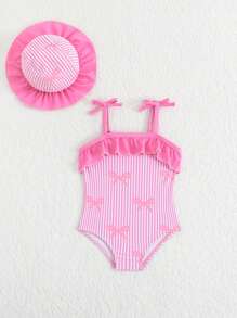 Newborn Girls Swimwear One-Piece Swimsuit For Newborn Girls Spaghetti Strap Bow Trim Swimsuit Knitted Polyester Digital Print Bow Pattern Swimsuit Plus Hat Cute Seaside Swimsuit For Newborn Girls