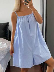 Livesso Simple Solid Color Open Back Loose Wide Leg Romper For Women Loungewear Pajama - Blue - View 3