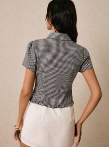 Poéselle Cămașă damă cu mânecă scurtă, cu un singur nasture, în carouri, retro, alb-negru