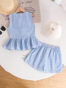 SHEIN LMoss Kids 青少年女孩休闲简约舒适圆领无袖荷叶边上衣和短裤两件套 - 藍色 - 查看 2