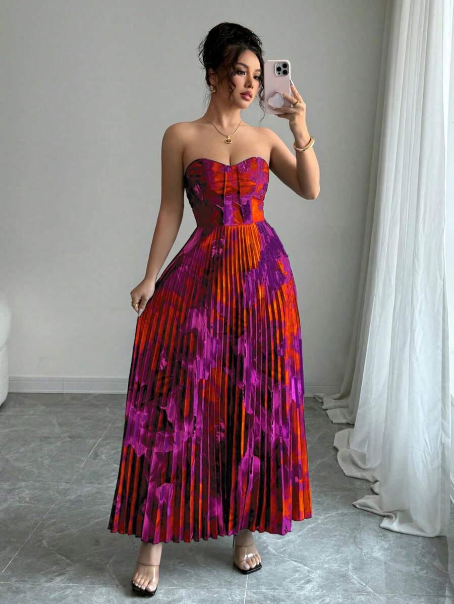 Elenzga Vestido plisado de impresión completa con cintura ajustada tipo bandeau - Morado - Ver 1