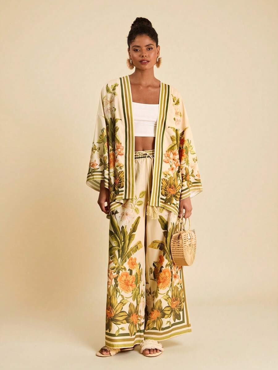 Travachic 女士日常两件套服装、女士夏季服装、沙滩装、复活节、女士沙滩装、春假、女士度假服装、女士演唱会服装、波西米亚风、波西米亚、音乐节、热带度假女装、春夏、和服裤两件套、7 月 4 日服装、节日服装 - 米色 - 查看 1