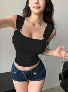 DAZY 蕾丝边系带修身无袖背心，女士外出上衣，夏季情人节款