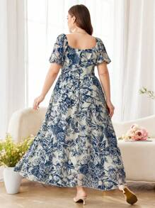 Modelyn Plus Size Elegant Chiffon Printed Square Neck Puff Sleeve A-Line Casual Spring/Summer Dress - Multicolor - View 2
