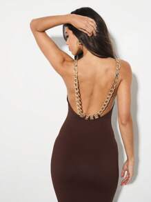 KIZN Luxurious Chain Strap Maxi Dress Evening Bodycon Floor Length Gown Fitted Form Special Occasion Statement Holiday Season Party Elegant - Brown - View 3