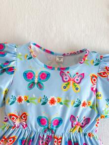 年轻女孩休闲可爱针织蓝色卡通蝴蝶图案短袖连衣裙 - 藍色 - 查看 8