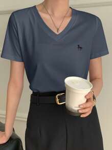DAZY 女士V领刺绣短袖休闲T恤 - 藍色 - 查看 2