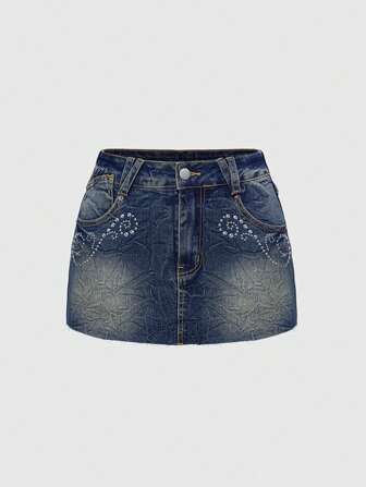 Gonna di jeans a zampa con decorazioni colorate in strass, stile hippie retrò e glamour, adatta per festival musicali