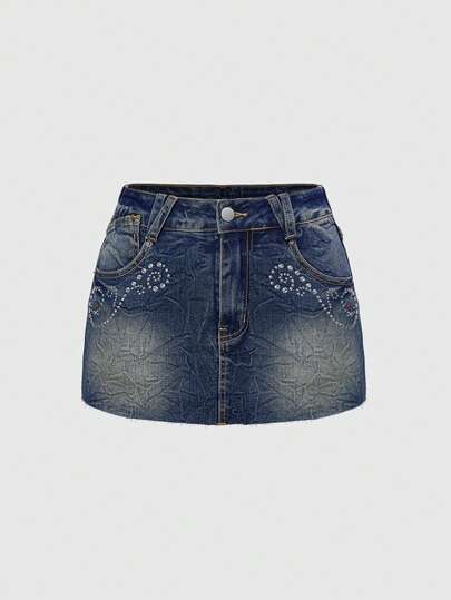 Gonna di jeans a zampa con decorazioni colorate in strass, stile hippie retrò e glamour, adatta per festival musicali