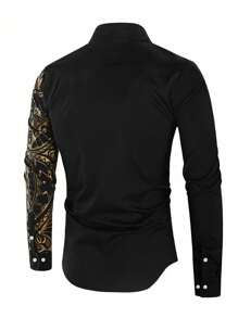 Manfinity AFTRDRK Men's Fall Long Sleeve Button Down Casual Contrast Geo Printed Disco Graphic Vintage Collar Shirt, For Dad And Me, Shirt, Daddy - Black - View 2