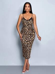 SOLERSUN Elegant Commuting Retro Sexy Business Old-Money Style Casual Sleeveless V-Neck Valentine's Day Wedding Season Party Holiday Music Festival Leopard Print Dress, Back To School Clothes Teacher Outfits - Brown - View 4