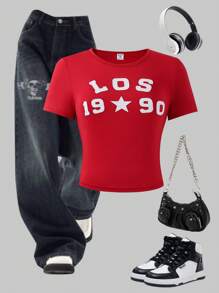 SHEIN Explorewe 复古学院风修身短袖数字和字母刺绣 T 恤，适合少女、夏季休闲装和运动装