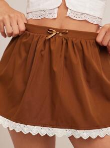 WESTFADE High Waist Cute Satin Bow Front Side Zipper Closure Floral Eyelet Hem Voluminous A Line Mini Cowgirl Skort Summer Nashville Vacation Rodeo Festival Boho Brunch - Brown - View 6