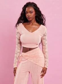 NYA SZN Top Festival Lace Long Sleeve V Neck Summer Top Casual Loungewear Coquette Chic Vacation Easter Lace Western Music Festival Modest Dressing Statement Festival Outfits For Women - Pink - View 1