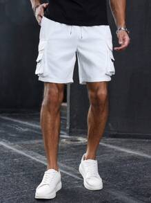 Manfinity Homme 男士休闲拉链工装短裤，时尚夏季风格 - 白色 - 查看 4