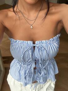 Sunnyshic Women's Summer Casual Vacation Daily Striped Fabric Front Middle Tie Bow Ruched Bandeau - Multicolor - View 1